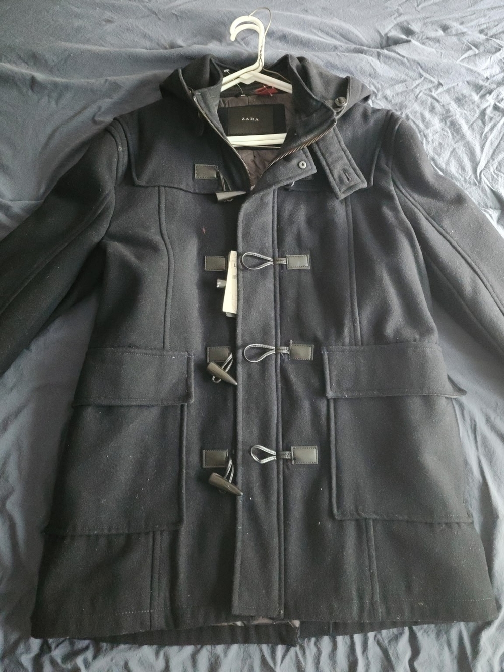 Zara Men's Dark Blue Toggle Pea Coat with Hood ( Large )